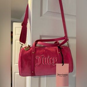 NWT. Juicy Couture Queen of Everything Mini Barrel Crossbody Bag. Pink velour.